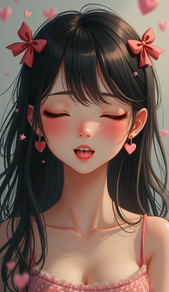 1 girl, High resolution, Smile, black hair, Very long hair, Close eyes, stick out tongue, blur background, best quality, masterpiece, detail, Textured skin, Ultra HD, Chest, heart shaped earrings, Blushing, Smile, shy, Wide-angle lens, bow hair accessories, sparkle effect, Outdoor sketching, hyper-realistic, Realism,