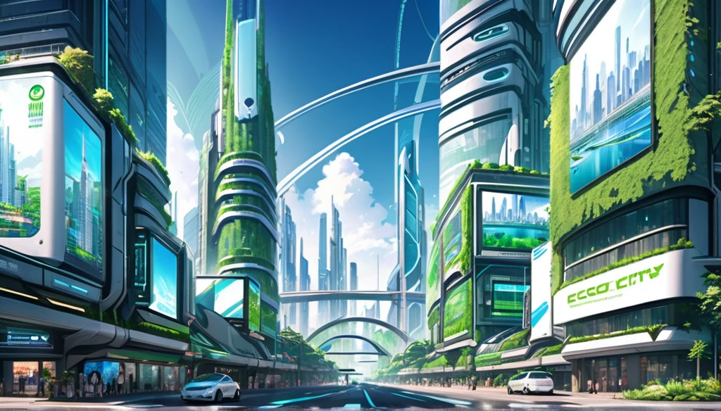Views sky ecofuturistic city, futuristic city, big city full of skyscrapers and holohradic screens, advertising posters, eco City, green City.