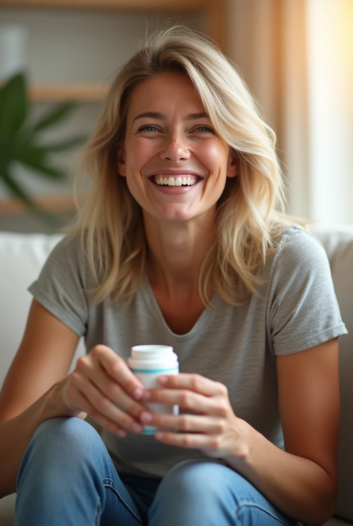 "A woman showing happiness and relief after finding a solution to heal her knee. It is in a bright and positive environment, possibly holding a knee brace or medication, with a big smile on his face. The woman's expression conveys joy and hope, as if I was finally on the road to recovery. The background is warm and cozy, with natural light coming in, emphasizing his cheerful mood. She is dressed casually and appears to be in a comfortable environment.. The image should have a high level of detail, pronounced contrast, vibrant colors and beautiful aesthetics."