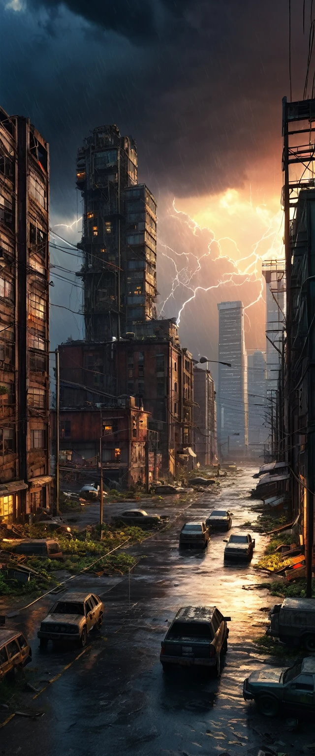 Late Sunset city, thunderstorm, factories, skyscrapers, post apocalyptic, photorealistic, detailed, 8k uhd