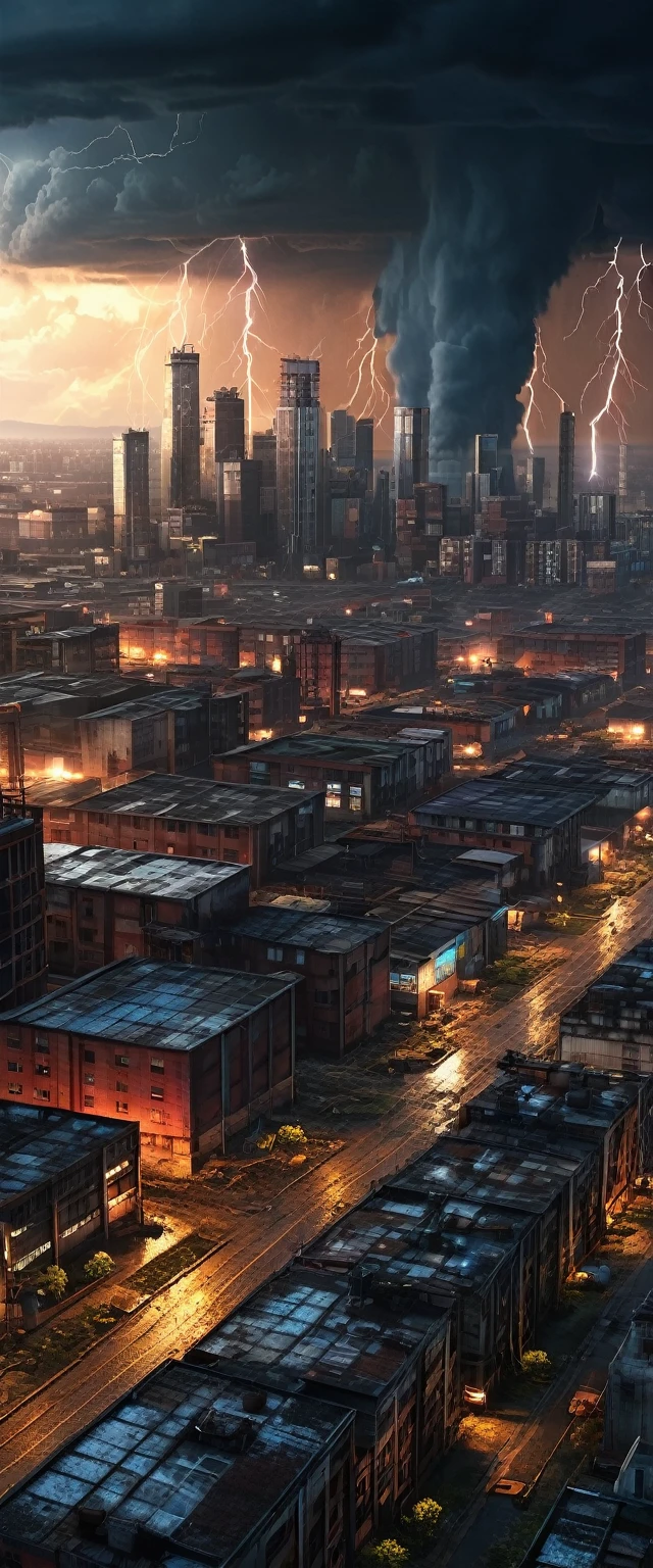 Late Sunset city, thunderstorm, factories, skyscrapers, post apocalyptic, photorealistic, detailed, 8k uhd