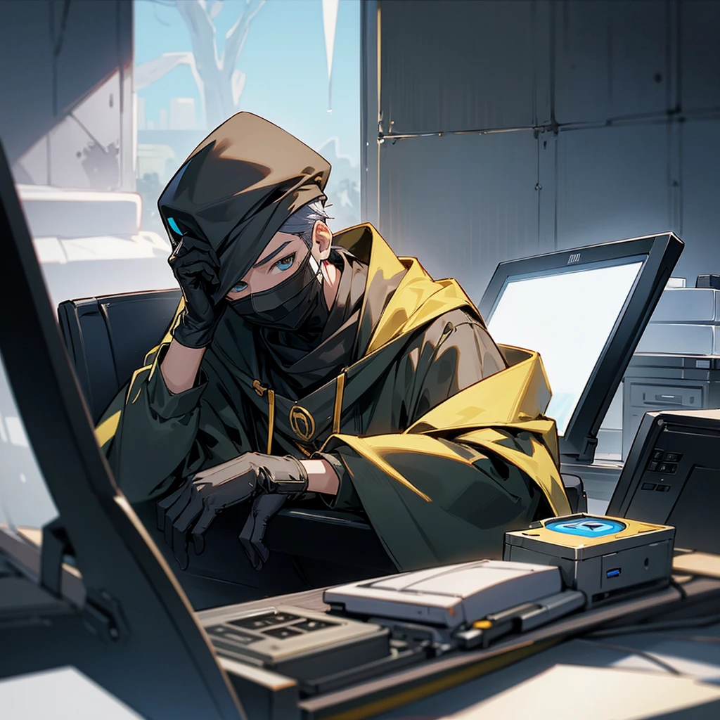 A boy wearing a black mask sitting infort of a computer and the wall behind the boy is white and one silver and a gold play button are hanging in there