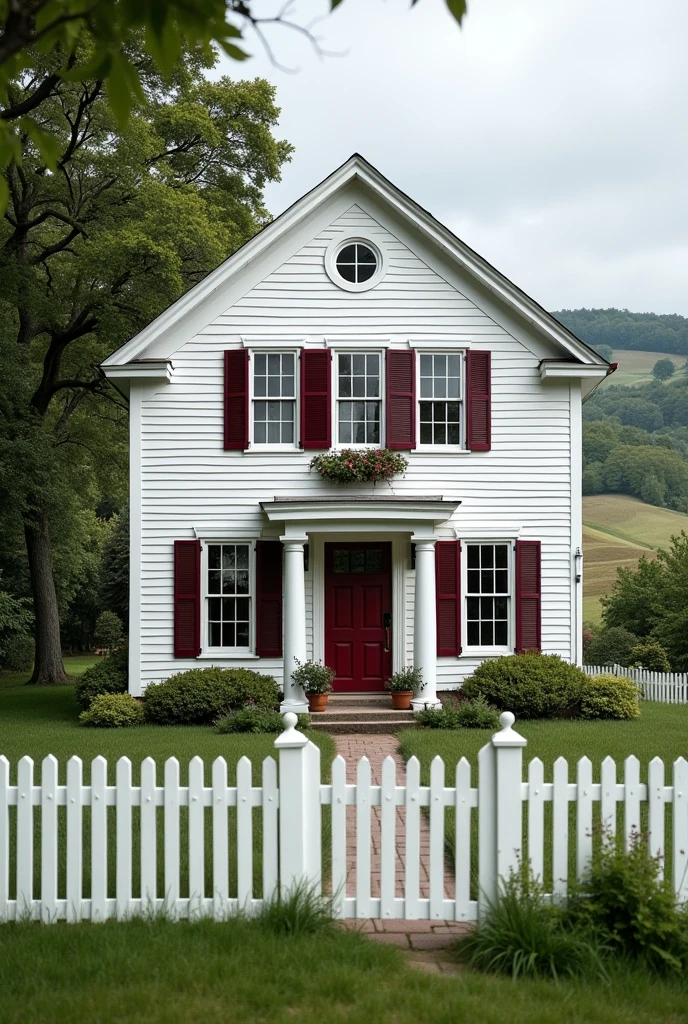 White house two story with dark wine red shutters in the country with a white picket fence