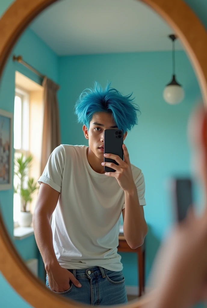 Create a photo of a young man taking a photo facing the mirror with an iPhone and blue hair