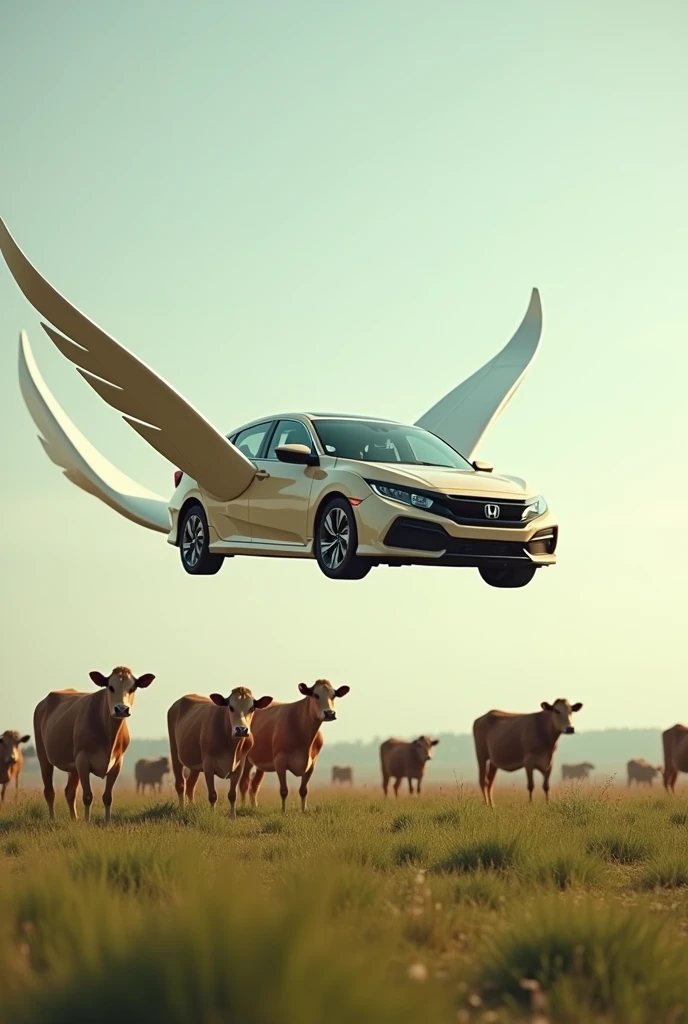 honda civic hybrid sedan beige with wings like an airplane flies in the sky, flies over a herd of cows