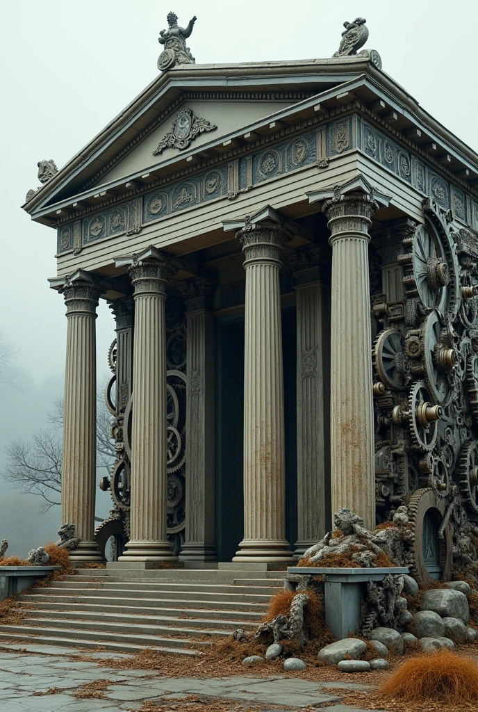 create a greek building made of mechanical parts