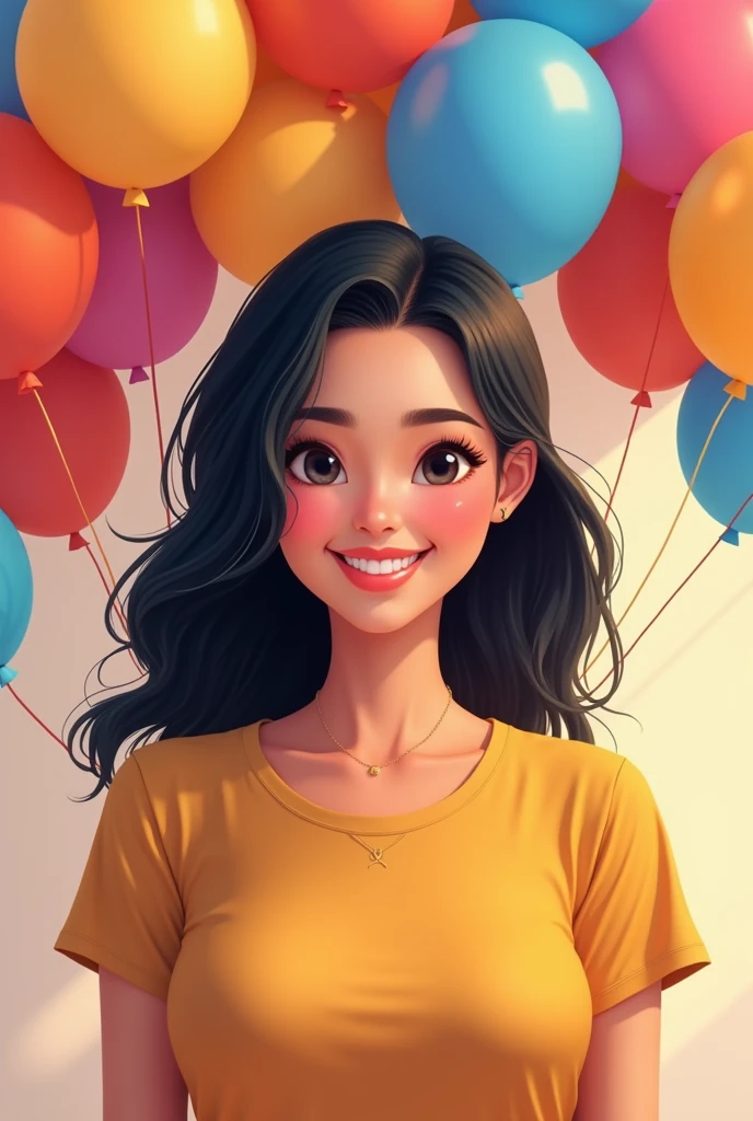 I want an advertising design of a black-haired woman, smiling, showing only the torso of her body in the form of a realistic cartoon and next to it an arch of balloons surrounding her
