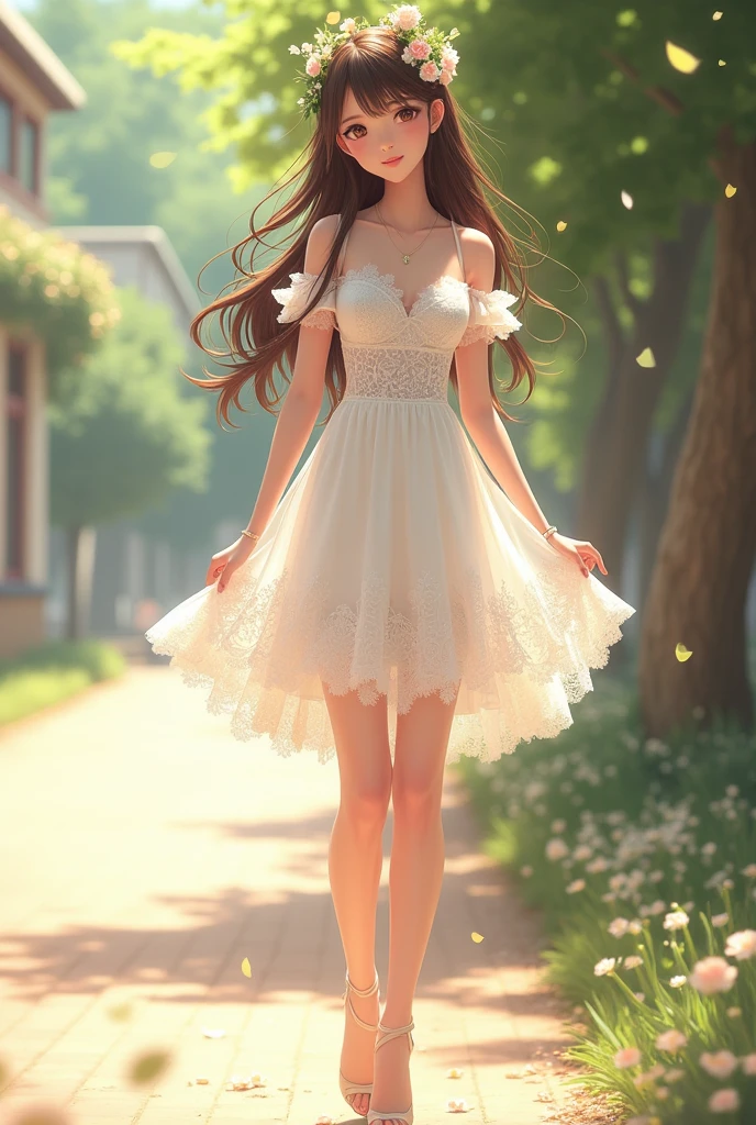 Ultra high quality,High heel,Long legs,Smile,Sunlight,Lace off-the-shoulder,White Dress,Wear flowers on your head,student,charming,Ribbon