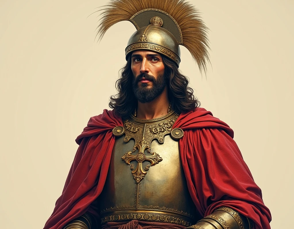 A full-body Spanish conquistador from the past but with the face of Jesus also wearing the typical Spanish medieval helmet, with style like a drawing