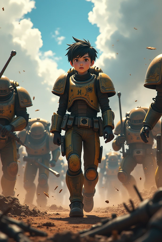 An anime guy stands in full growth in the middle of the battlefield with a frightened face, behind him is a battlefield from Warhammer 40,000. Space Marines in armor vs orcs. 3D pixar style