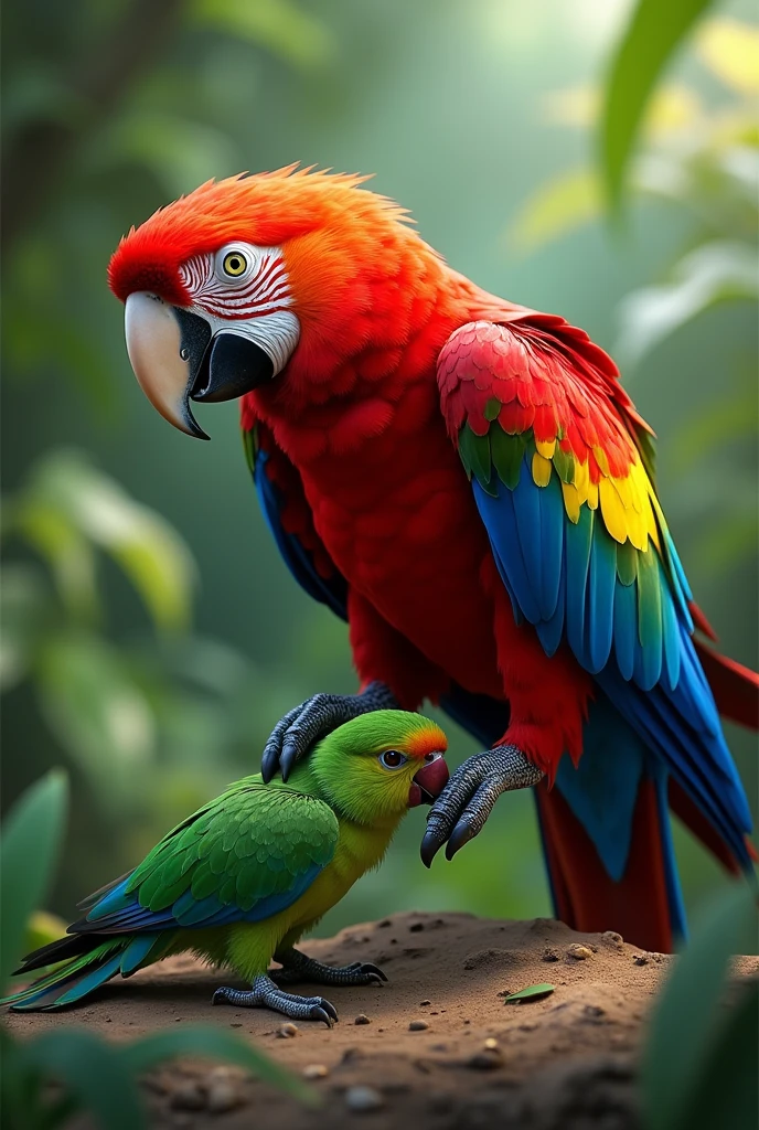 Macaw stepping on green bird