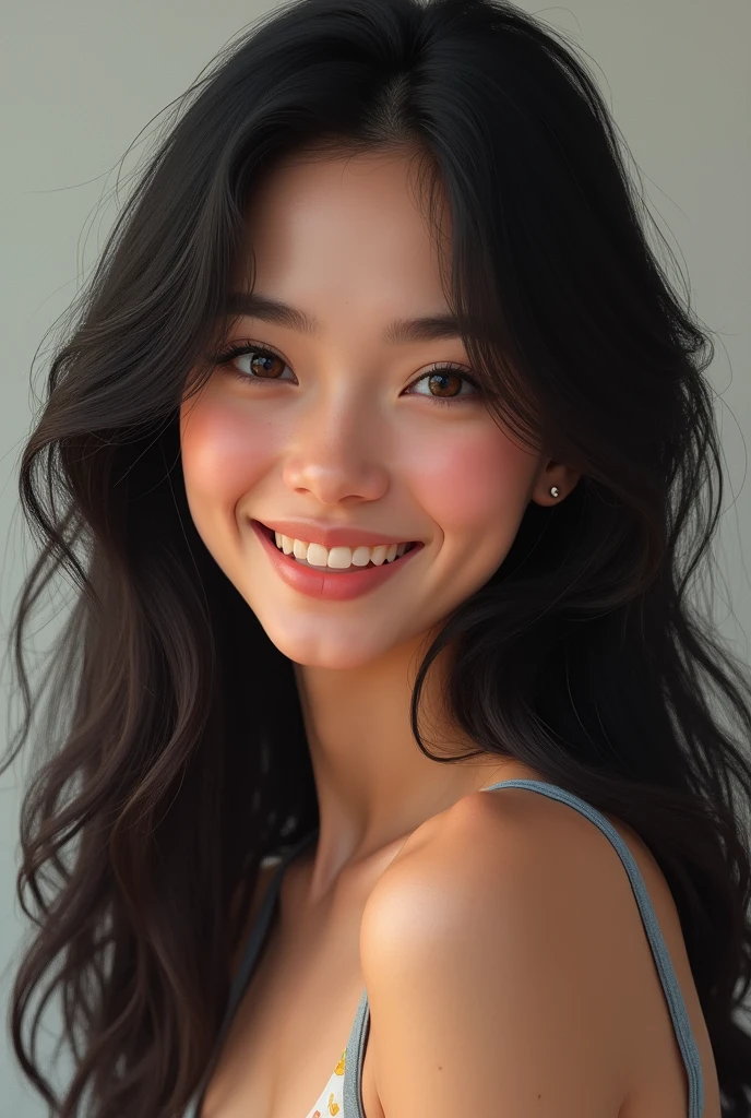White girl with brown eyes and long black hair with a smile