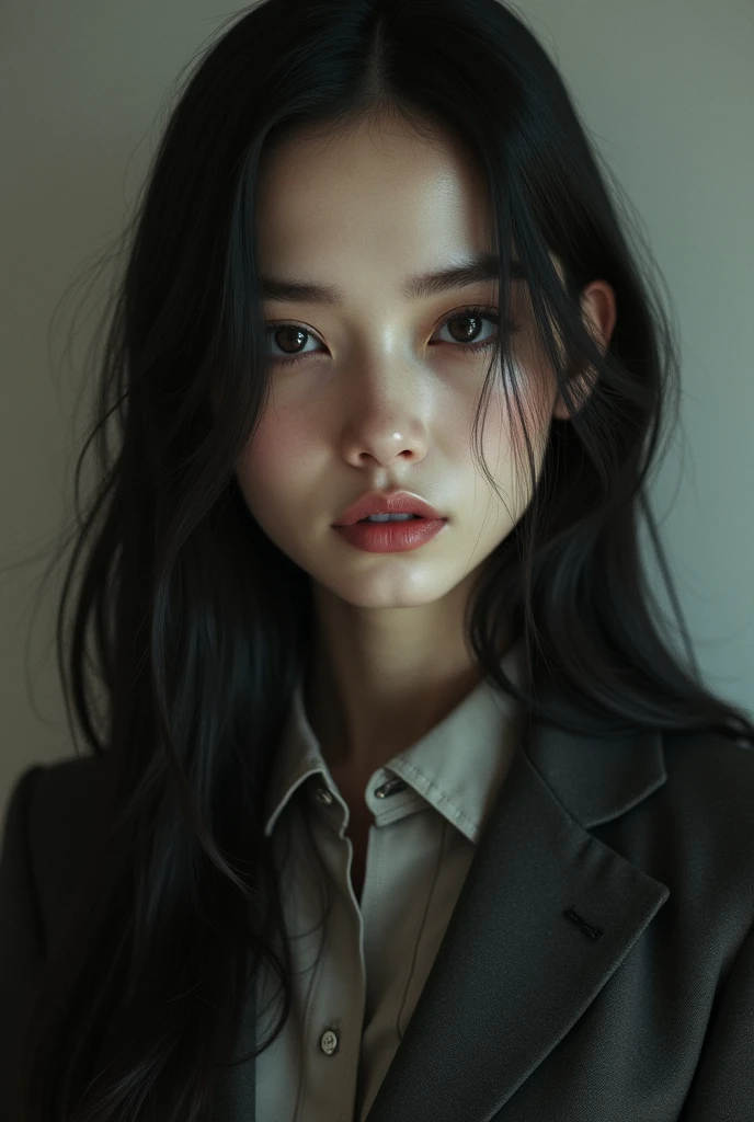 She wears clothes from her father's tailor shop in a vintage style that expresses her vanity well, along with dark boots. She also has long, straight hair that falls over her shoulders and back, along with a dark tone..tired eyes, dark circles that stand out on her pale skin and gray pupils giving her a melancholic beauty