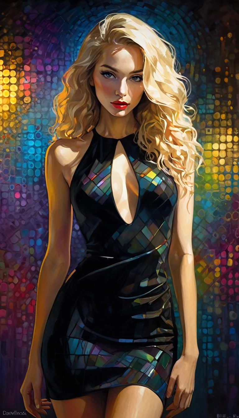 very sexy girl, black tight dress, blonde long hair, at the disco, perfect ass, dances, has fun, eroticism, sexy, (best quality, 4k, 8k, high resolution, masterpiece: 1.2), ultra-detailed, (realistic, photorealistic, photorealistic: 1.37), details intricate, vivid colors, sharp focus, professional, Dave McKean artwork, surrealism oil touch, oil painting style, portrait, woman, beautiful detailed eyes, beautiful detailed lips, dreamy atmosphere, shadow play, lighting soft, fun pose, dark tones, ethereal background, fantasy elements, texture, layered composition, disco background, , art inspired by Bill Sienkiewicz and Dave McKean
