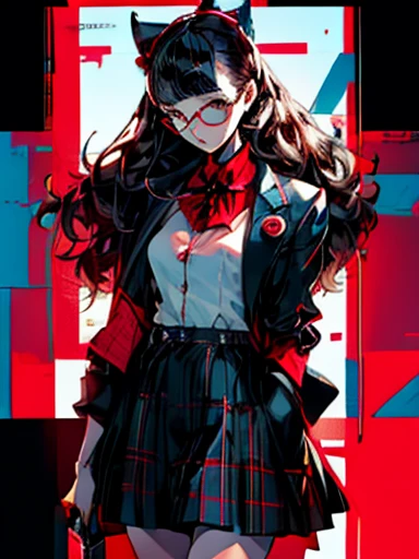 in the art style of persona5, (masterpiece:1.2, highest quality), (Realistic, photoRealistic:1.4), Beautiful illustrations, (Natural Side Lighting, Cinema Lighting), Written boundary depth, Beautiful thighs staring at the viewer, 1 female, 30-year-old, alone, thin, slender, (small breasts), long Hair, straight Hair, Forehead, Forehead, Forehead, Forehead, thin, slender, glasses, White blouse with formal collar, Blue Blazer, Red Check Skirt, Red checkered ribbon on blouse, Are standing, (((glasses))), ((Close-up)), ((Close-up)), ((Close-up))