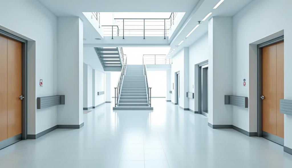 A corridor in a modern hospital building with a staircase leading up, a ladder to descend, an elevator, a wooden door on the right, a wooden door on the left