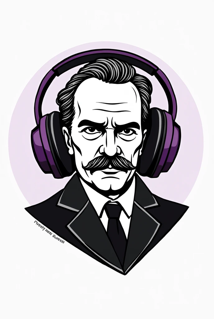 Create a logo for a bluetooth headphones brand with the name (I-Frinch) with a phototoon of the philosopher Friedrich Nietzsche with headphones with only lines, no colors, with black white and purple background