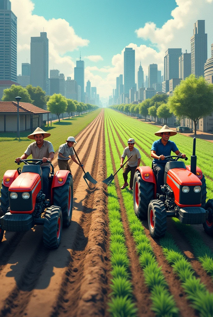 Make a drawing of people working with tractors on one side in a contemporary city on the opposite side with workers working with hoe not in a contemporary city