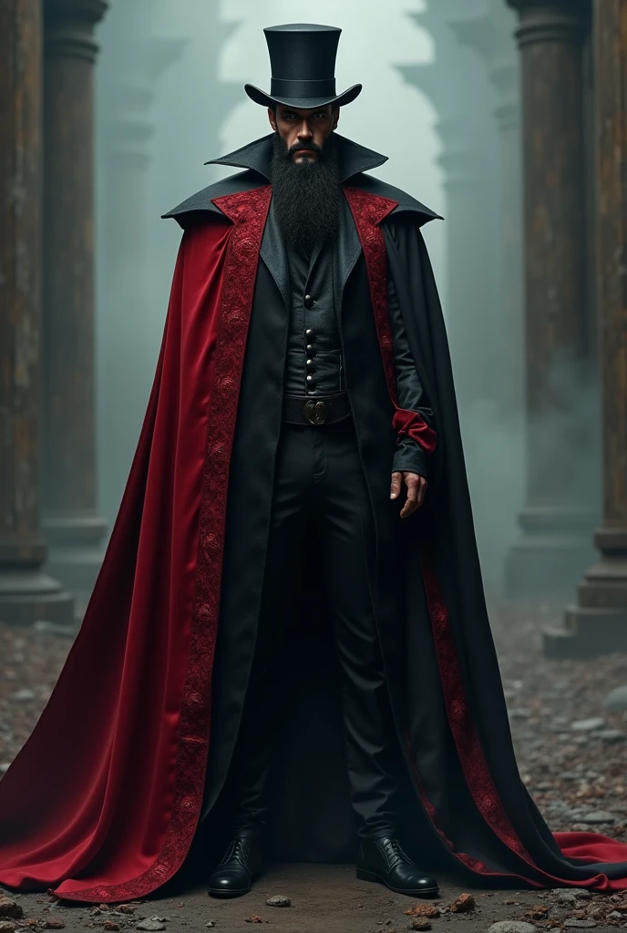 Make a tall dark man bald, with a red and black cape and top hat, with a short beard