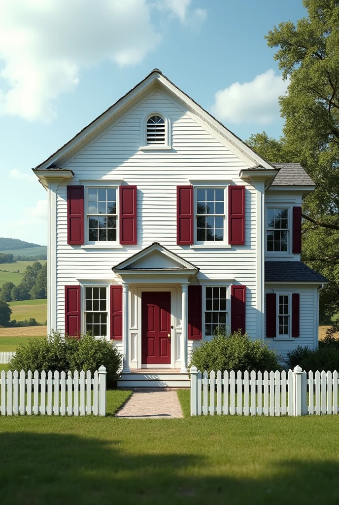 White house two story with dark wine red shutters in the country with a white picket fence