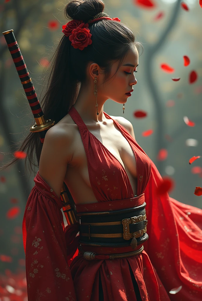 samurai woman, ((masterpiece, highest quality, Highest image quality, High resolution, photorealistic, Raw photo, 8K)), ((Extremely detailed CG unified 8k wallpaper)), (huge stunning goddess shot, very hot and sexy, jaw-dropping beauty, perfect proportions, beautiful body, slim body beauty:1.4),