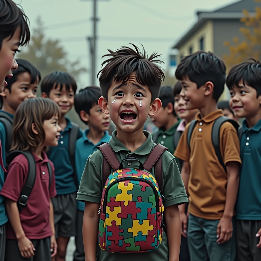 Autistic boy crying surrounded by other children laughing at him with puzzle backpack