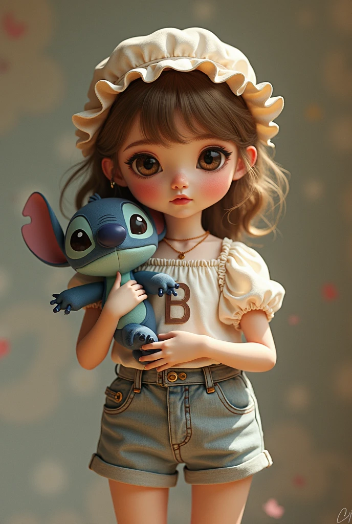 Doll in shorts and blouse holding Stitch and the letter B on her clothes