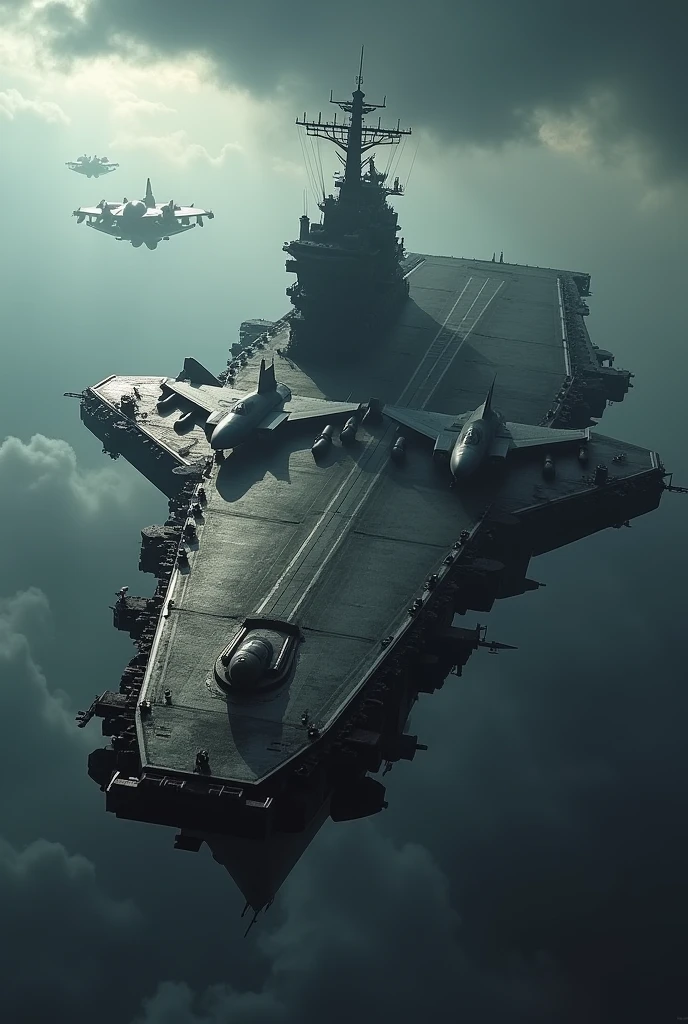 Flying aircraft carrier with 7 aircraft equipped with a nuclear missile with Bukistan marking on the top 