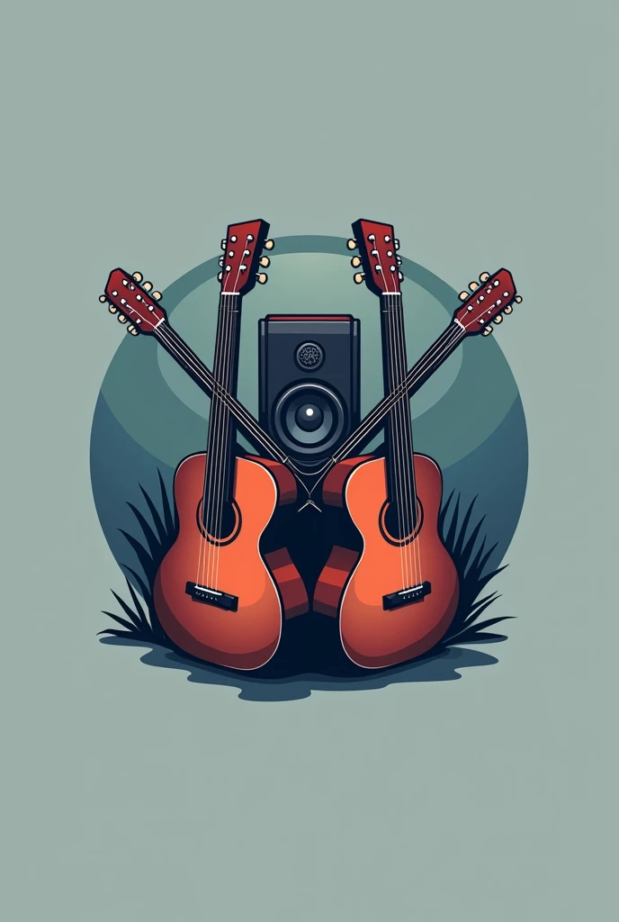 A logo for a podcast channel depicting a stereo speaker in the center crossed by two acoustic guitars