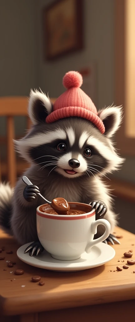 captivating photograph of a cute extra fluffy baby realistic raccoon A charming and whimsical illustration capturing a delightful moment. , donning a tiny hat, sits on a miniature chair with an adorable growl. Holding a tiny spoon, it eagerly approaches a mug filled with rich, velvety chocolate. The cozy, rustic wooden table adds warmth and comfort to the scene, creating an inviting atmosphere that evokes a sense of joy and contentment.
