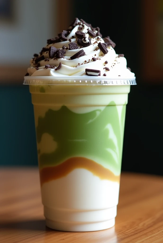 give me a picture of coffee in the bottom with milk and matcha on top, with small portion milk foam with oreo crushed bits!! and mini choco chips on top in a 16oz plastic cup without lid