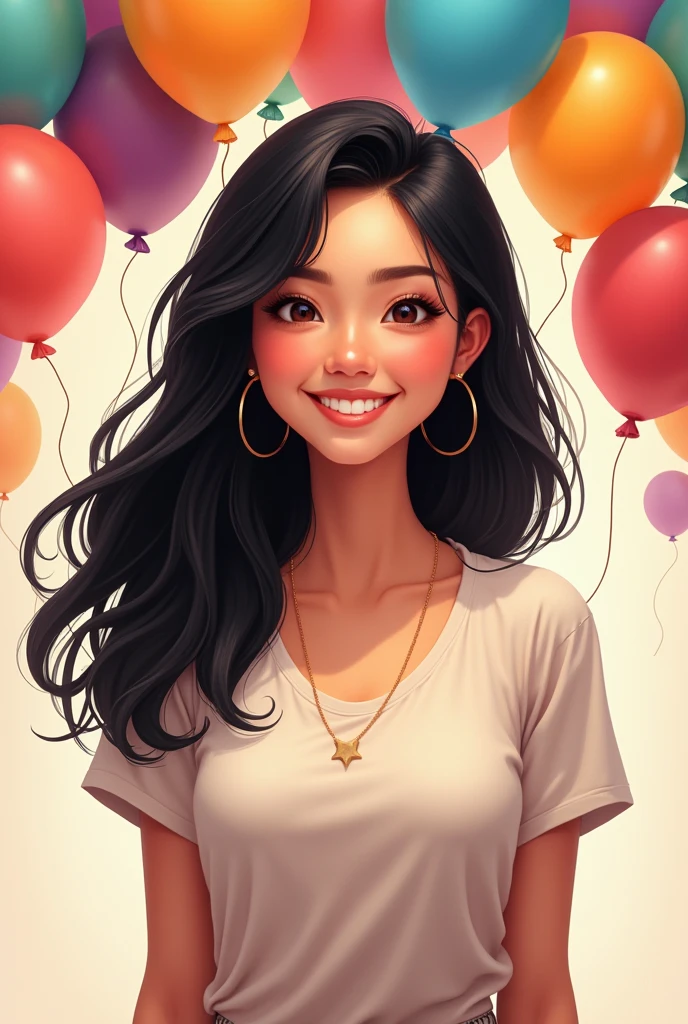 I want an advertising design of a black-haired woman, smiling, showing only the torso of her body in the form of a realistic cartoon and next to it an arch of balloons surrounding her