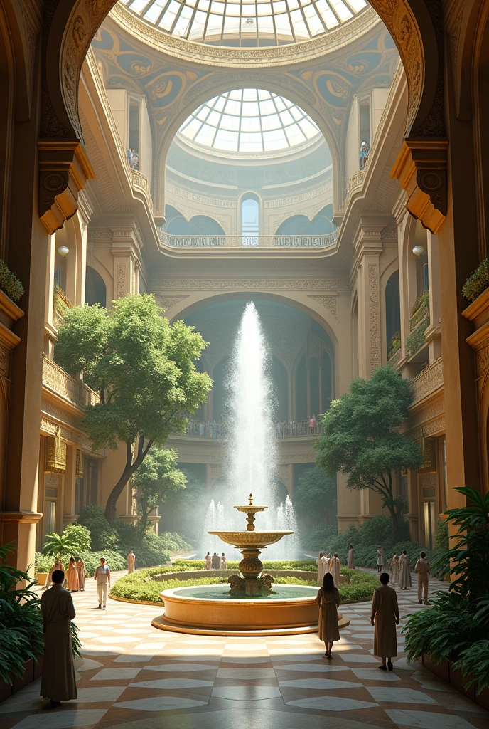 (photorealism:1.2), Inside view of a huge shopping mall with a beautiful garden inside it beautiful ancient style fountain (The name of the mall should be written "Imphal City Mall" hanging over the grand ceiling 