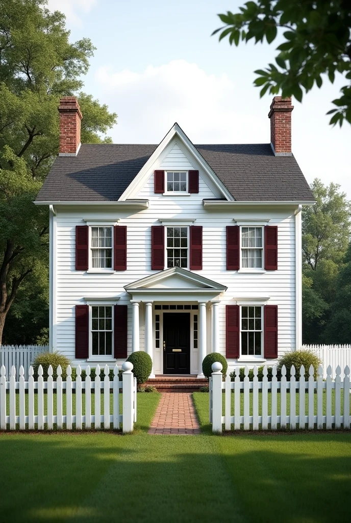 White house two story with dark wine red shutters in the country with a white picket fence black door