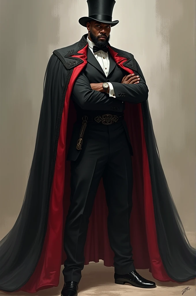 Make a tall bald dark man, wearing a top hat and a black and red cape, with a short beard 