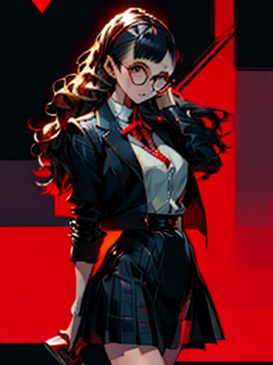 in the art style of persona5, (masterpiece:1.2, highest quality), (Realistic, photoRealistic:1.4), Beautiful illustrations, (Natural Side Lighting, Cinema Lighting), Written boundary depth, Beautiful thighs staring at the viewer, 1 female, 30-year-old, alone, thin, slender, (big breasts), long Hair, straight Hair, Forehead, Forehead, Forehead, Forehead, thin, slender, glasses, White blouse with formal collar, Blue Blazer, Red Check Skirt, Red checkered ribbon on blouse, Are standing, (((glasses))), ((Close-up)), ((Close-up)), ((Close-up))