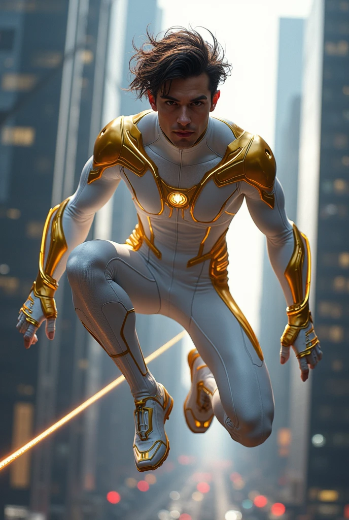 Make a Spider-Man from the future with the uniform with the colors white and gold, Remembering, his hair is on the outside and without a cover.