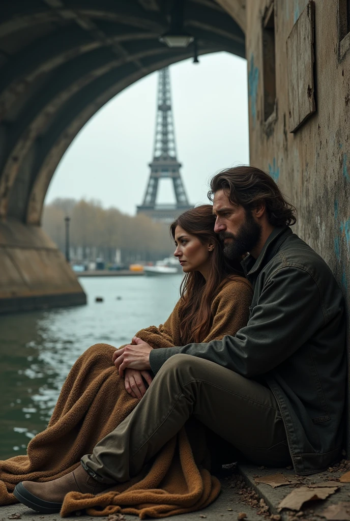 Sad couple, with a brown hair and bearded handsome man and his beautiful girlfriend with chestnut hair, sitting like tramps with damaged blankets on old cardboards under a dirty bridge in Paris near the Eiffel tower
