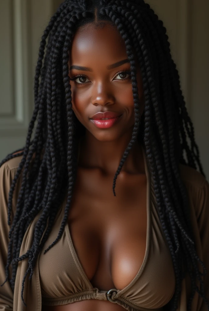 (masterpiece, best quality), deep ebony 1girl, beautiful face, freely hanging braids, red cheeks, open shirt, no bra,  seductive, NSFW,