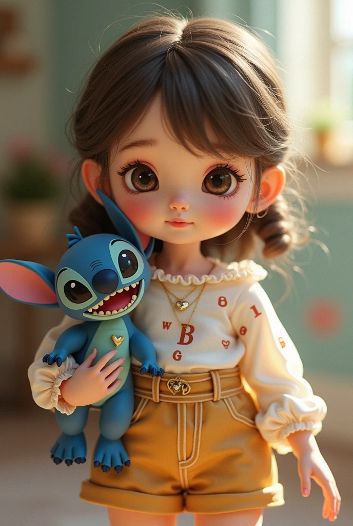 Doll in shorts and blouse holding Stitch and the letter B on her clothes