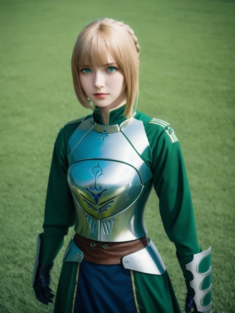 masterpiece, best quality, highres, close up, portrait, aasaber, green eyes, ahoge, gauntlets, standing, cowboy shot, outdoors, field, grass