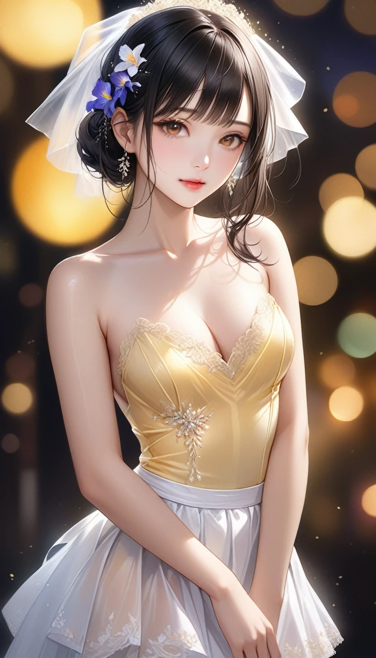 (Sweat:0.7),pale yellow wedding dress,White short skirt,woman,Japanese,Beautiful Face, Beautiful Face,Exposing shoulders,The shoulders are slightly exposed,Translucent skin,Iris,Black Hair,(Realistic:1.4),Realistic details, High resolution,Bokeh,Excellent details,