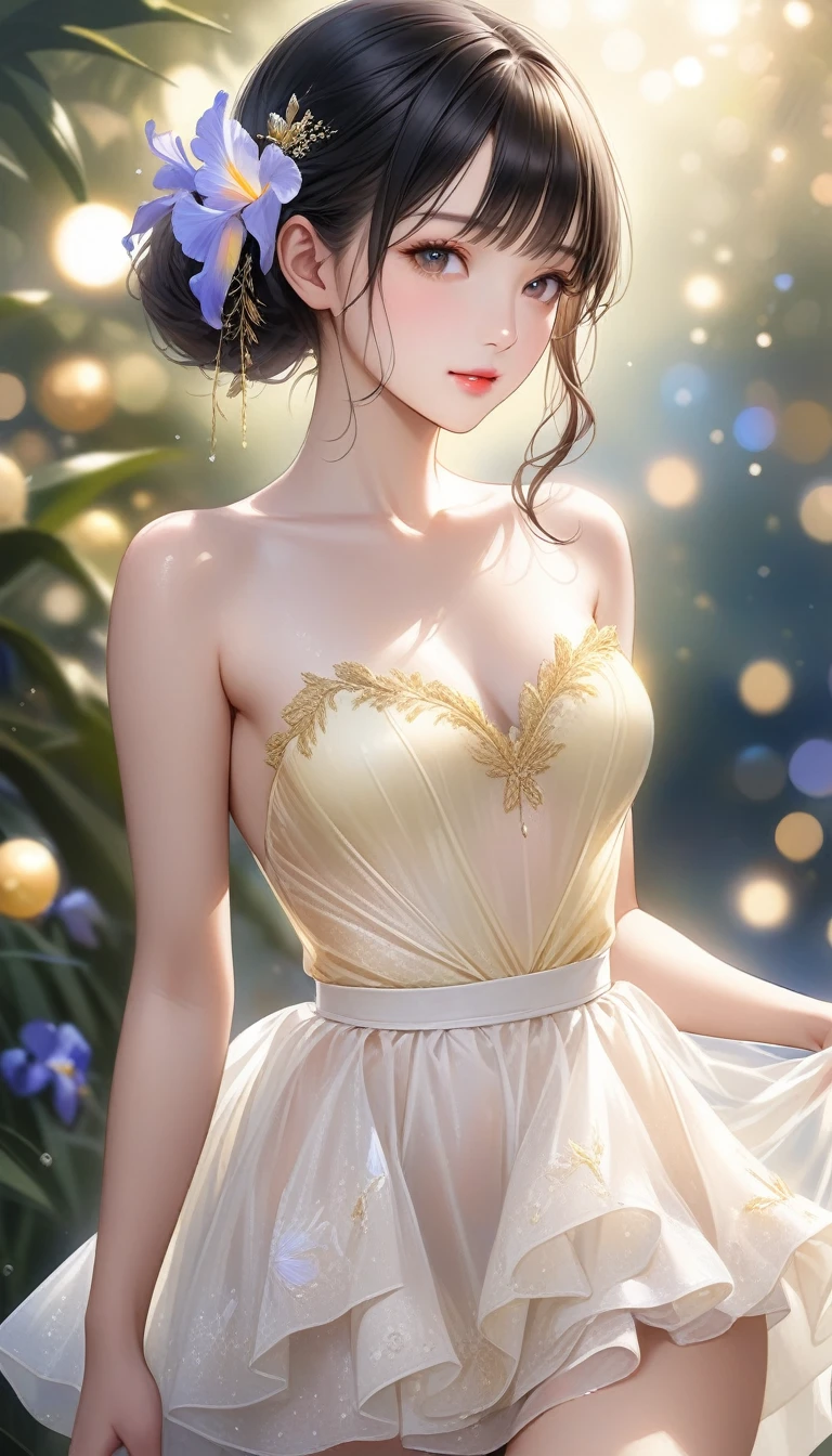 (Sweat:0.7),pale yellow wedding dress,White short skirt,woman,Japanese,Beautiful Face, Beautiful Face,Exposing shoulders,The shoulders are slightly exposed,Translucent skin,Iris,Black Hair,(Realistic:1.4),Realistic details, High resolution,Bokeh,Excellent details,