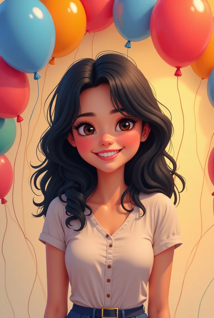 I want an advertising design of a black-haired woman, smiling, showing only the torso of her body in the form of a realistic cartoon and next to it an arch of balloons surrounding her