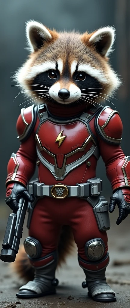 captivating photograph of a cute extra fluffy baby realistic raccoon wearing Res Power Ranger, Helmet looking like wolf, military look spandex suit, soldierchest armor with logo of lightning bullet on the circle, black details, cyber gloves with red stripes, white belt with silver accents and armed in high-tech garnates. Holding a shotgun, photorealistic, high quality, high resolution, 8k, smok background, fashion, 3d render, poster