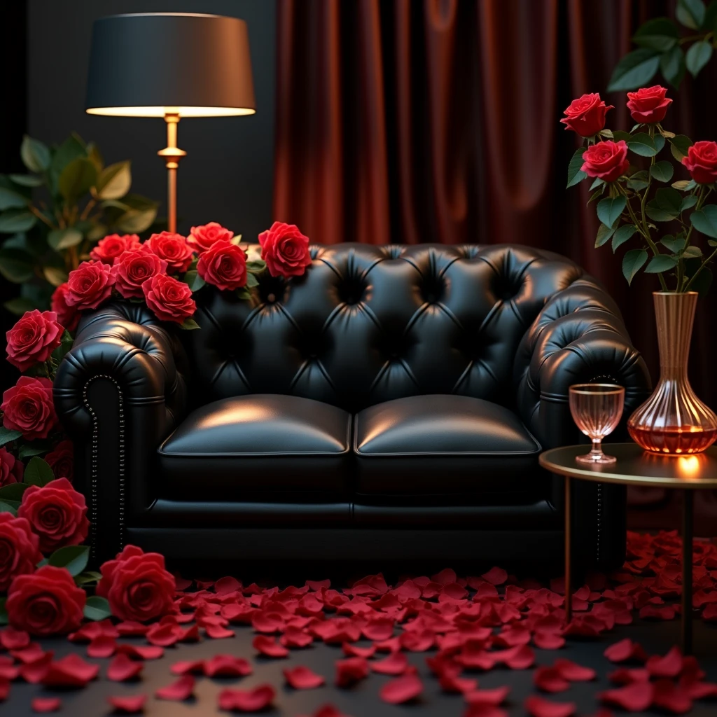 Luxury black sofa,Red Roses,alcohol,lamp