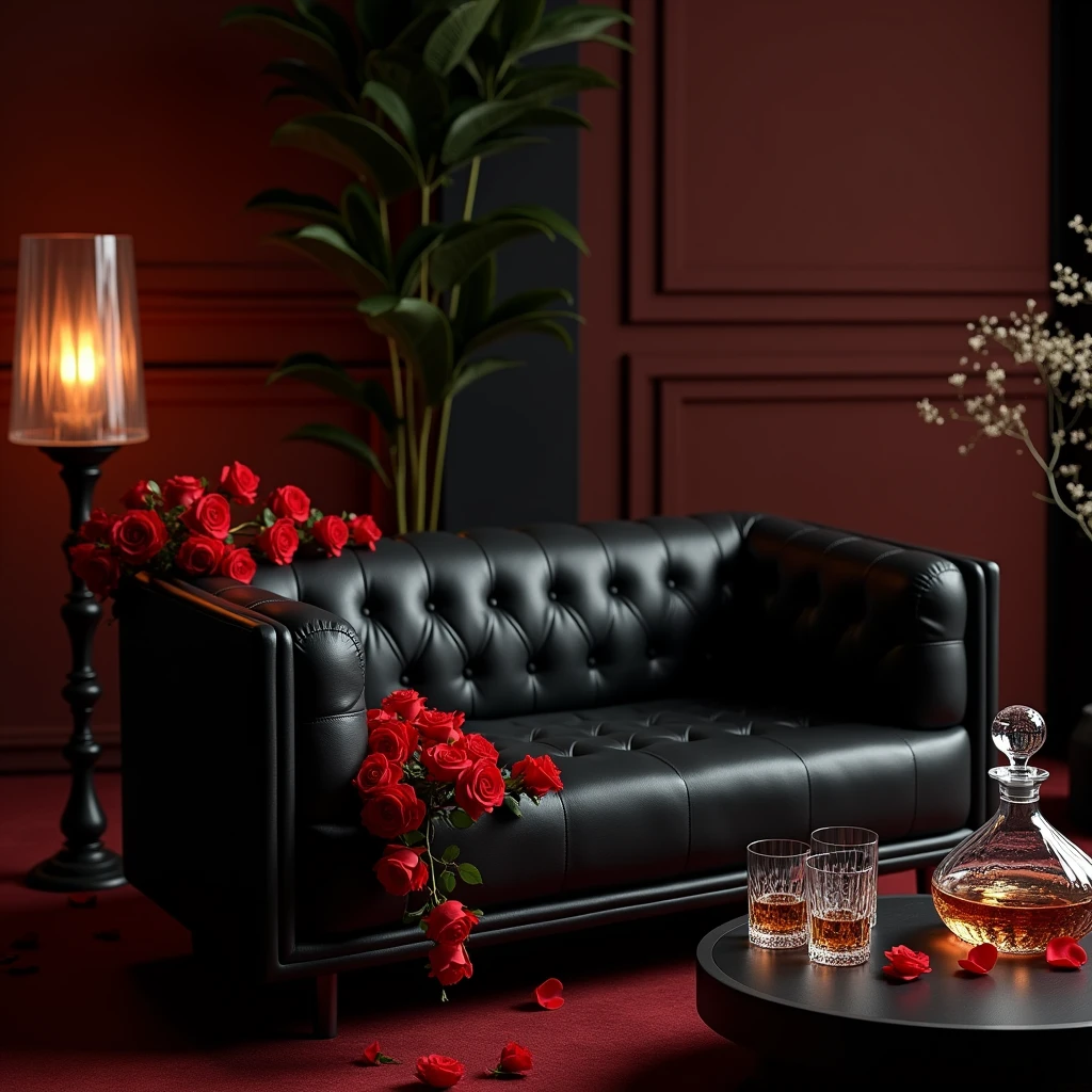 Luxury black sofa,Red Roses,alcohol,lamp