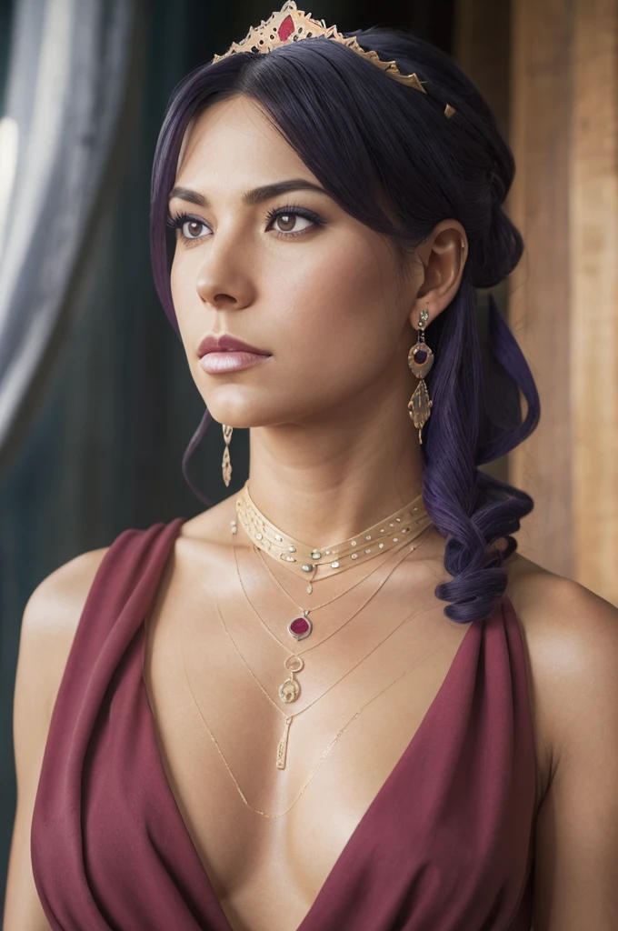 Purple hair, very detailed, 40 years old woman, predatory, purple eyes, high-res, masterpiece, best quality, intricate details, highly detailed, sharp focus, detailed skin, realistic skin texture, texture, see all body, detailed eyes, professional, shot on Canon, 85mm, shallow depth of field, Kodak vision colour, perfect fit body, extremely detailed, photo_\(ultra\), photorealistic, realistic, post-processing, max detail, roughness, real life, ultra-realistic, photorealism, photography, 8k UHD, photography (film grain), atmospheric dark lighting, wide shot masterpiece, best quality, highly detailed, 8K RAW photo, bokeh, danmachiishtar, makeup, tiara, revealing clothes, skirt, jewelry, earrings, necklace, bracelet, cleavage, tan skin, contrapposto, cowboy shot