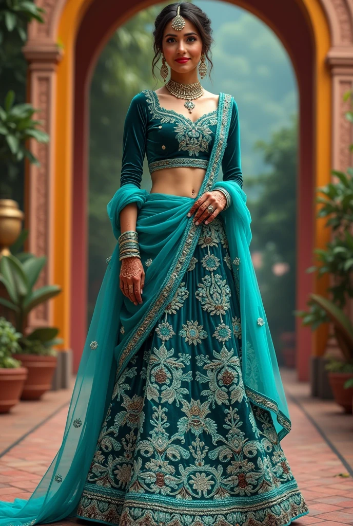 Walima bride wearing velvet kurti in teal color and turquoise color embellished lehnga