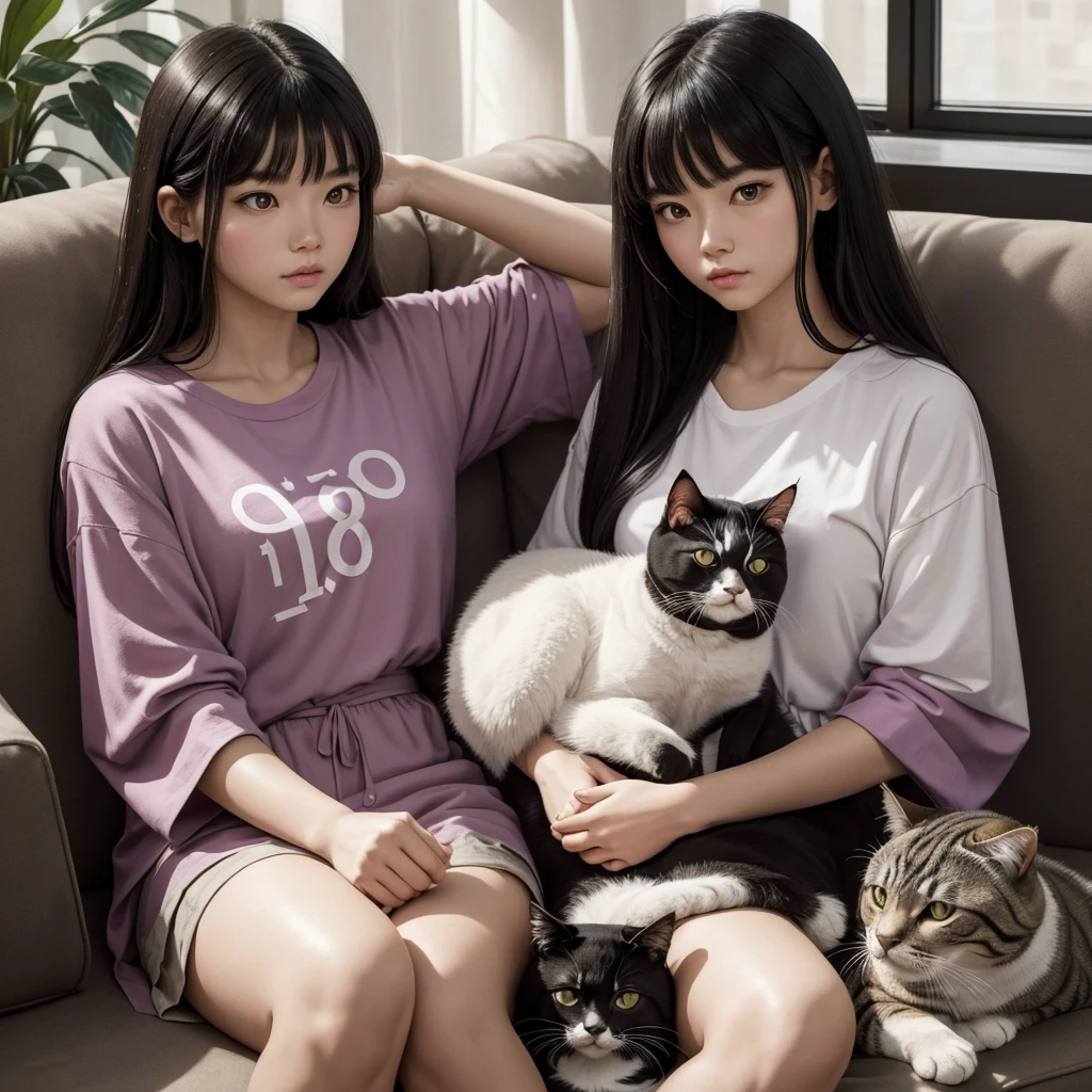 a woman sitting on a couch with a cat, spiritual science, trendy clothes, chinese girl, awakening, shirt, featured on unsplash, jesus holding a cute cat, strong spirit, wake up, straight fringe, 90's photo, sacred feminine, grant us eyes, velma, 1 9 year old, deity, 7, 90's color photo
